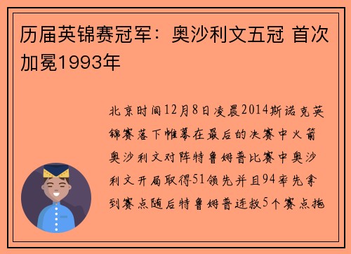历届英锦赛冠军：奥沙利文五冠 首次加冕1993年